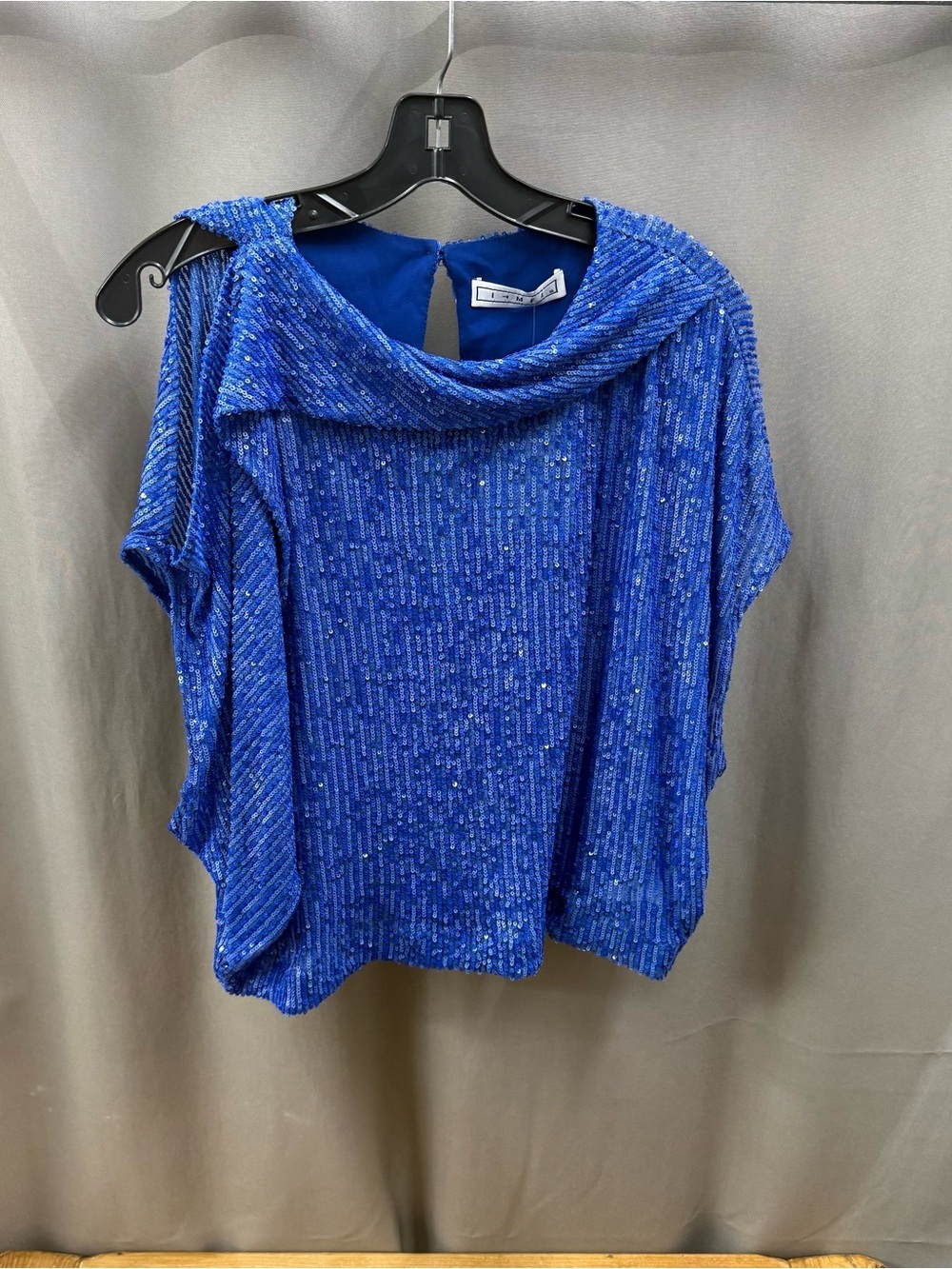 In The Mood For Love Sequined Navy Blue Draped Neck Blouse